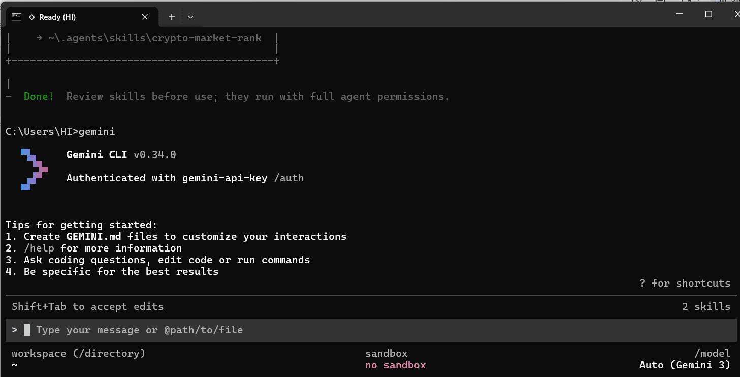 4 - Gemini CLI post authentication key added.png